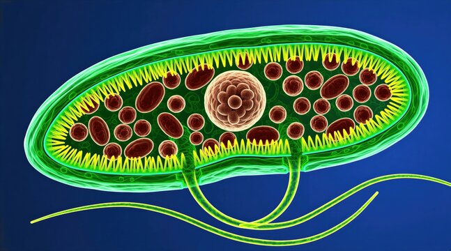 Microscopic view of Chlamydomonas algae cell interior structure with flagella. Shows chloroplast pyrenoid nucleus and organelles. Green single-celled organism anatomy.