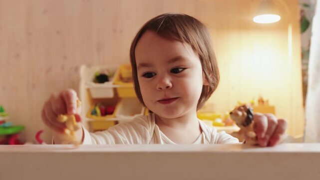 Young child playing with miniature toys while sitting at a table in a cozy wooden room