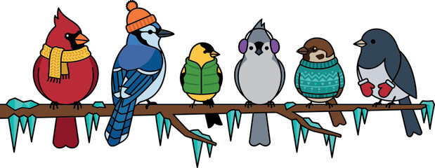 Cute Winter Songbird Set Featuring Cardinal Blue Jay Goldfinch Tufted Titmouse Sparrow and Junco Wearing Cozy Clothes on an Icy Tree Branch Vector Illustrations © Honey!