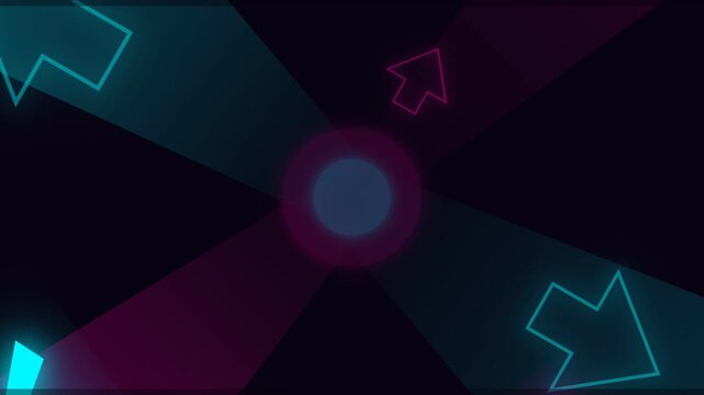 Neon arrows pointing towards a glowing central circle on dark background