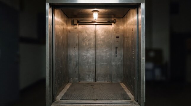 Freight Elevator Interior with Worn Metal Walls