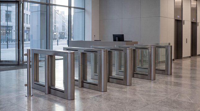Security Checkpoint with Glass Turnstile Gates in Office Lobby