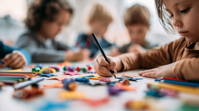 Young children creating colorful arts and crafts, learning and developing fine motor skills in an engaging classroom