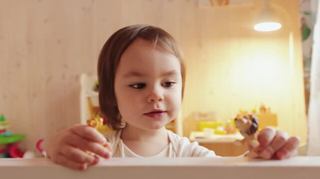 Happy little girl carefully playing with tiny figures during quiet time at home indoors