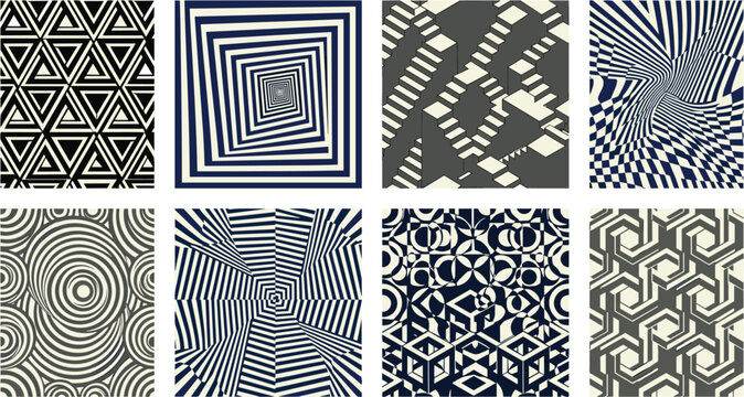 Op Art Seamless Pattern Collection with Optical Illusion Geometry, Abstract Monochrome Lines, Hypnotic Repeat Backgrounds, and Modern Vector Design Set