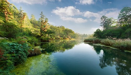 Fototapeta premium Lush Green Riverbank With Calm Waters And Diverse Plant Life Surrounded By Dense Woods