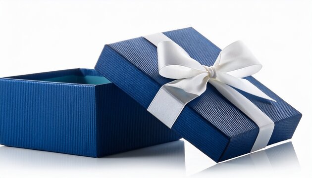 Blue Open Gift Box With White Bow Isolated On White