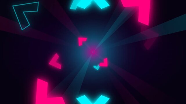 Neon pink and blue glowing arrows flying through a dark digital tunnel.