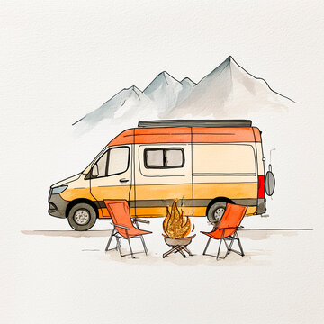 Watercolor Camper Van with Campfire and Mountain Landscape Adventure Illustration
