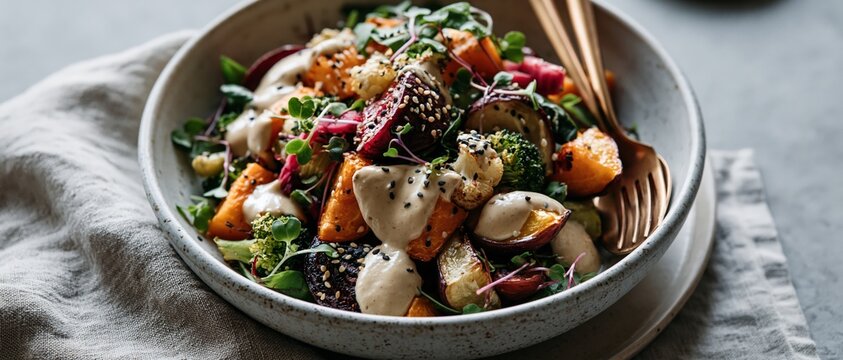 Nourishing plant based Buddha bowl overflowing with caramelized sweet potato, beetroot, broccoli, and cauliflower, drizzled in creamy tahini. Styled with gold cutlery for health conscious.