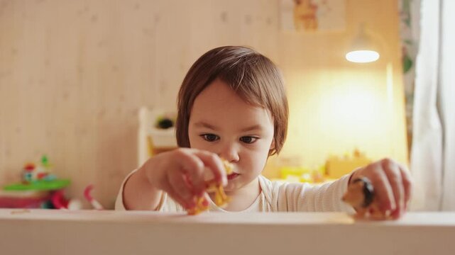 3 year old girl smiling while playing with miniature animal toys at home indoors
