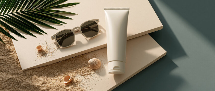 Clean beauty meets coastal living blank sunscreen tube mockup, retro sunglasses, seashells, and palm leaf on sandy beige surface. Perfect for SPF, skincare, or summer product campaigns.