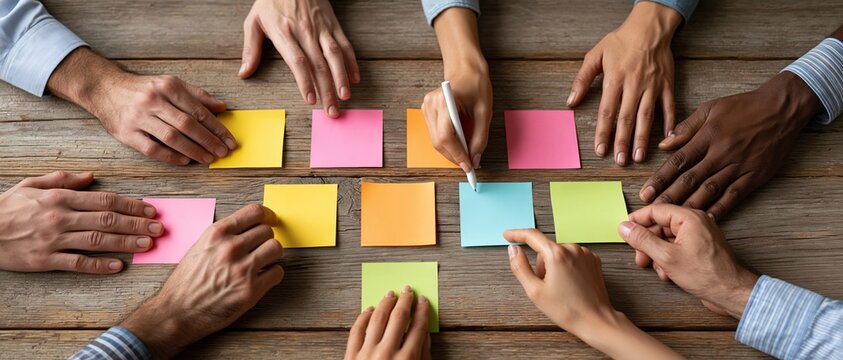 Collaboration in action multiethnic hands arrange vibrant sticky notes on a rustic wooden table, capturing creative teamwork, agile planning, and inclusive innovation for business or.