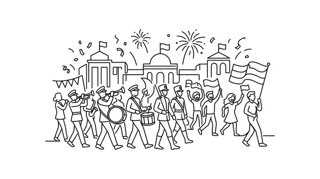 Line art illustration of a festive parade with marching band and cheering crowd