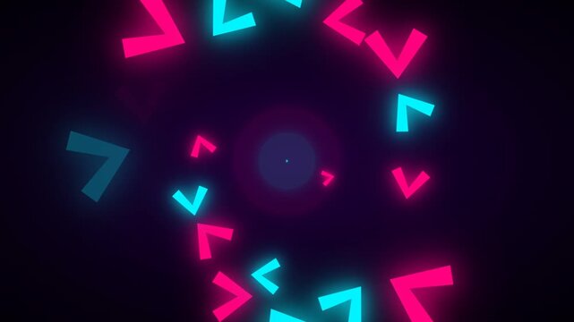 Neon pink and cyan V-shaped arrows flying forward through a dark abstract tunnel loop.