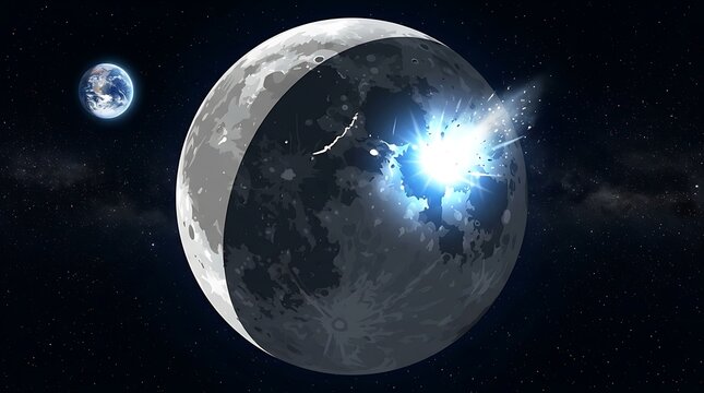 Asteroid impact on the moon surface with earth in background
