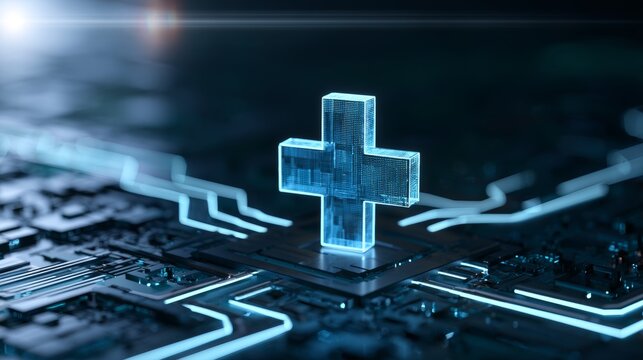 Digital medical cross symbol illuminating on a futuristic circuit board, visualizing advanced healthcare technology development