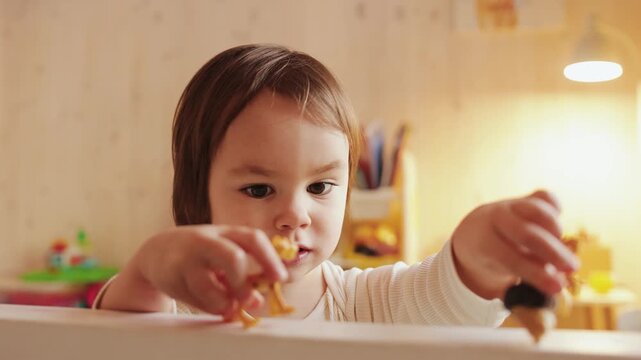 Cute toddler enjoying creative play with small toys in a warm family home interior