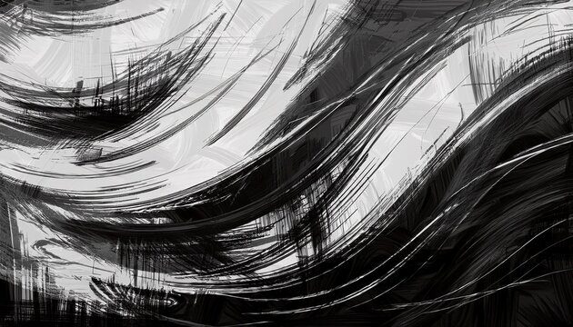 Black And White Abstract Brush Stroke Texture Or Distressed Grunge Background With Curved Lines And Scribbles