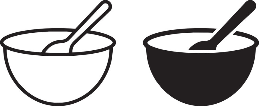 Art & Illustration, Mixing bowl with spoon vector icon set in line art and solid glyph style for food recipe