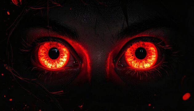 Scary Halloween Background with Red Devil Face Eyes on Dark Black and Red Fiery Texture, Horror Monster Symbol Vector Illustration Design