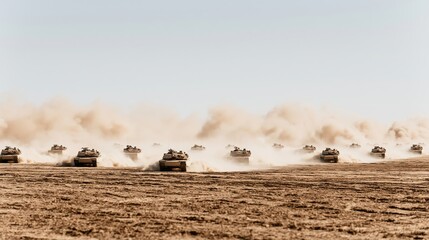 Fototapeta premium Armored military tanks advancing across a dusty desert battlefield, kicking up immense clouds of dust
