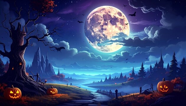 Spooky Halloween Night Landscape with Full Moon, Flying Bats Silhouettes, Dark Blue Starry Sky, Cloudy Nature Scene and Moonlight Over Mysterious Forest Vector Illustration