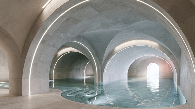 Luxurious spa pool beneath textured arched concrete ceiling with linear lighting, reflecting serene water and minimalist design