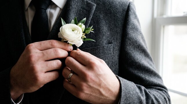 Groom adjusting a white floral boutonniere on a textured wool suit jacket for a formal wedding ceremony