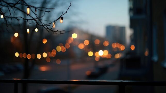 Warm Evening Lights in Urban Environment Through Blurry View from Balcony with Delicate Branch and Twinkling Bokeh Effects at Dusk