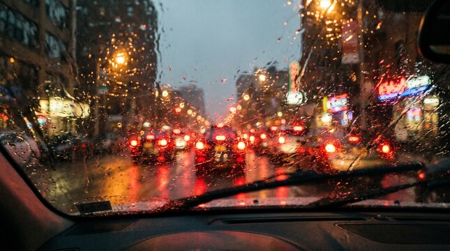 View from inside a car through a wet windshield showing blurred city traffic lights at night during rain