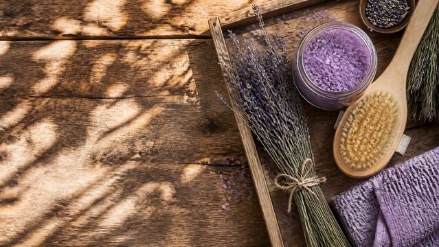 Natural Lavender Spa Treatment Set with Purple Bath Salts, Dry Body Brush, and Soft Towel on Rustic Wooden Tray with Dappled Sunlight, Perfect for Wellness and Aromatherapy Concepts.