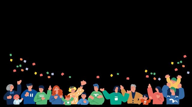 紙吹雪の中で喜ぶ多世代の人々の手描きイラストアニメーション・お祝いと歓声のループ動画・透過背景