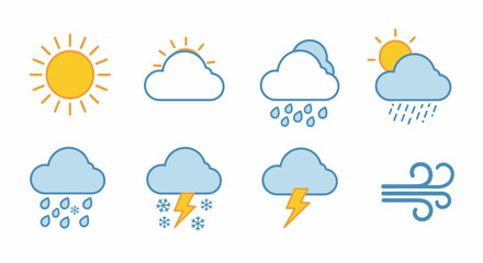 Obraz premium Weather Icon Set Featuring Sunny Cloudy Rainy Storm Symbols.