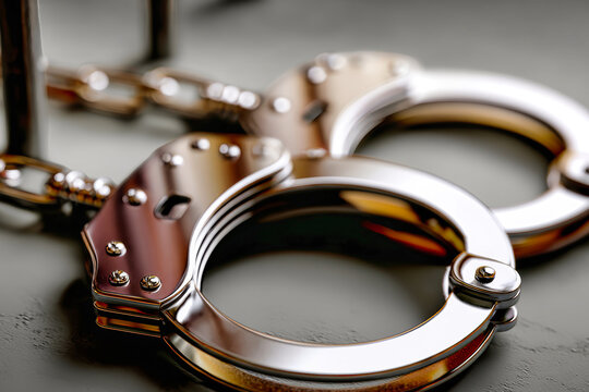 Two handcuffs lie against metal prison bars on a gray surface in