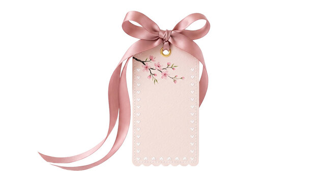 Elegant pink gift tag with cherry blossom branch and satin ribbon