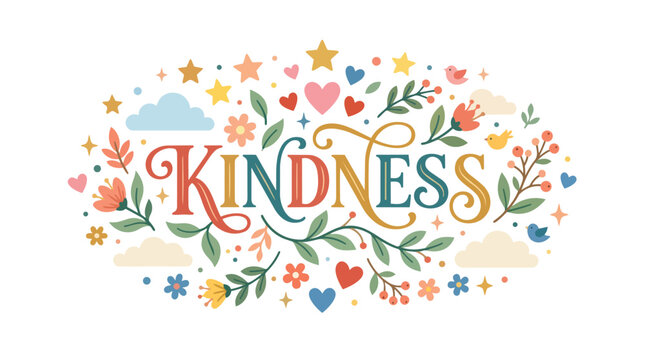 Kindness typography with colorful floral and decorative elements.