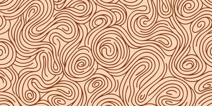 Abstract brown seamless pattern with hand drawn swirl lines and noodle texture background
