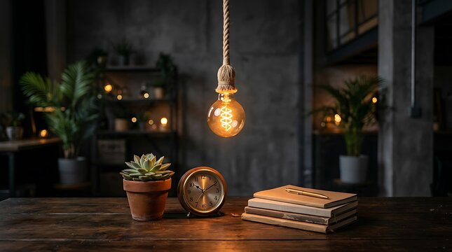 Warm ambient light creates a serene atmosphere on a rustic desk setup, inviting quiet contemplation and focus