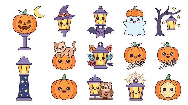 Halloween Themed Cute Cartoon Characters Illustration.
