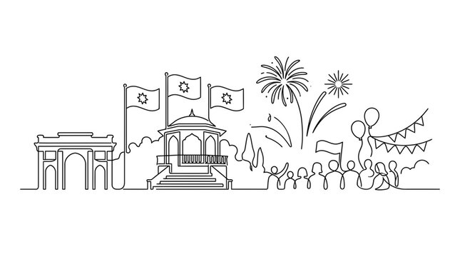 One line art of national independence day celebration with monuments fireworks and happy crowd