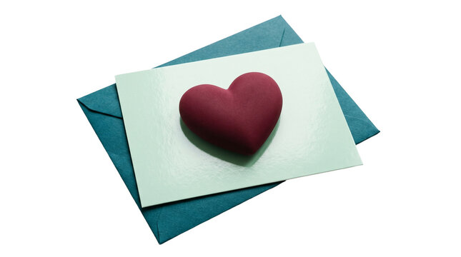 Romantic gesture red heart on letter with teal envelope dark background