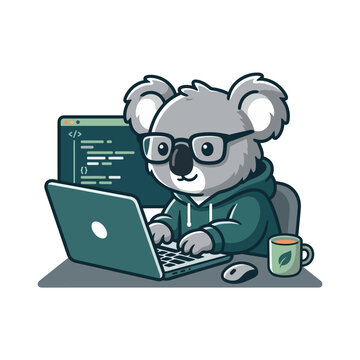 Cute Koala Programmer Coding on Laptop with Coffee Mug and Computer Screen