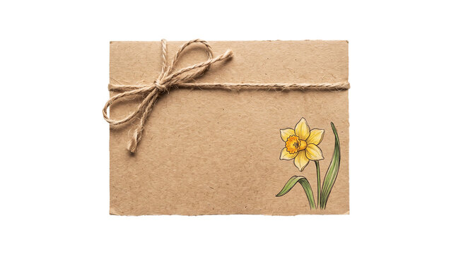 Kraft paper package with daffodil illustration and natural twine bow