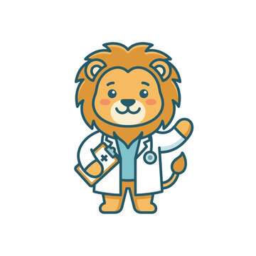 Cute cartoon lion doctor waving, holding a clipboard with stethoscope