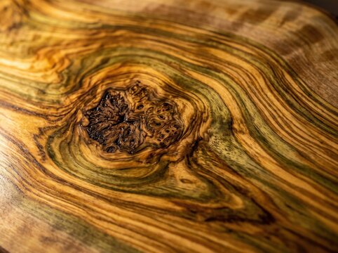 Close-up view of natural wood grain showing intricate swirling patterns, knots, and rich brown tones, ideal for organic textured backgrounds. Polished olive wood surface.