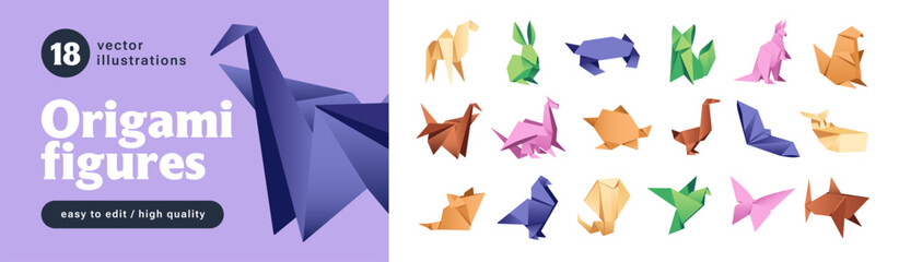 Obraz premium Origami figures set. Asian craft of animals from folded paper. Different colored handmade birds, crane, rabbit, fox. Cute Japanese shapes of cat, kangaroo. Flat isolated vector illustrations on white