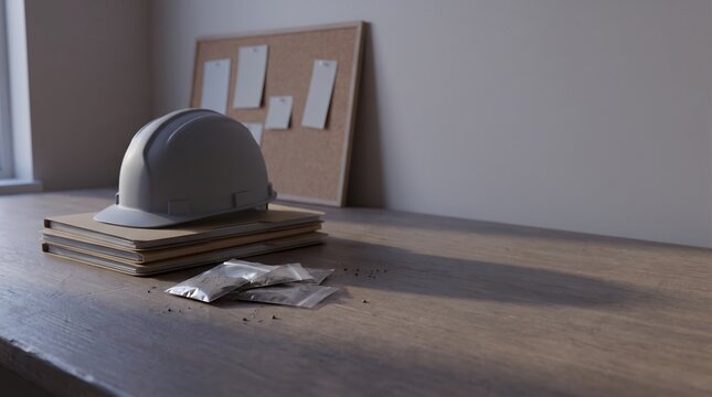 Helmet resting on closed folders after a long approval process