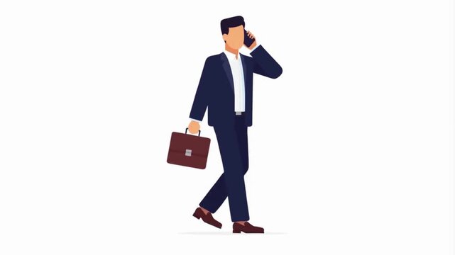 Businessman walking and talking on smartphone with briefcase animation