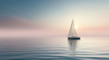 Fototapeta premium Yacht sailing tranquil sea at sunset, reflecting gentle pastel hues of the horizon. Concept of journey, freedom, and escape